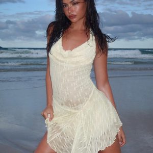 Lace Semi-Transparent Halter Dress with Irregular Hem - Sexy Vacation Style, European & American Fashion, Waist-Cinching Design