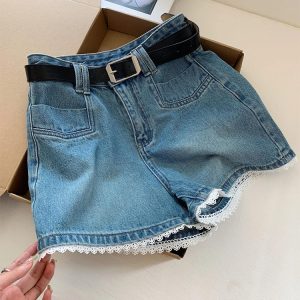 Lace Trim High-Waisted Denim Shorts for Women - Summer Slimming A-Line Wide-Leg Pants, Versatile Fit for Petite Sizes