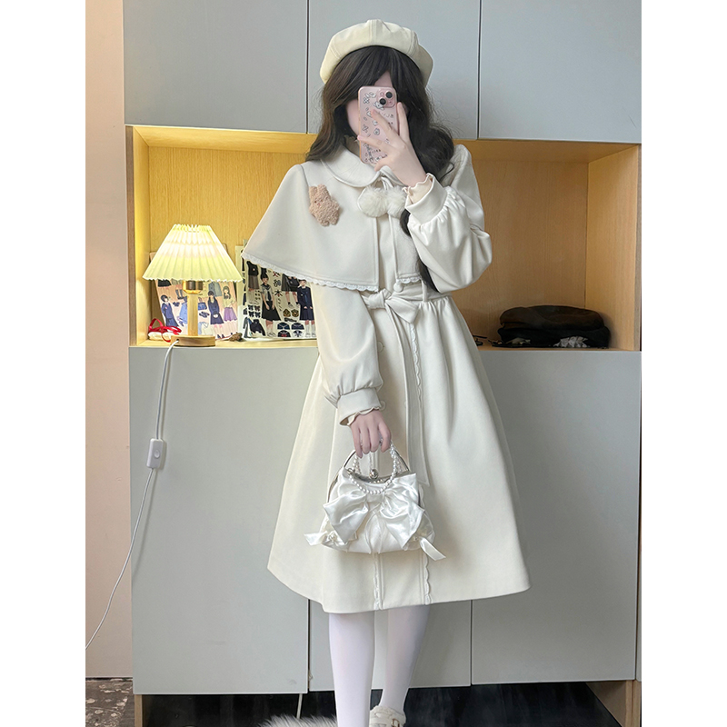 Lace-Up Pudding Bear JK Uniform Cape Shawl Dress for Women - Elegant Autumn Winter Coat 2024, Y2K Korean Style Fashion
