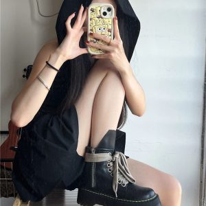 Lace-Up Thick-Soled Mid-Calf Motorcycle Boots for Women - 2023 Spring Autumn Rose Park Chae-young Style