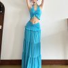 Lake Blue Lace-Up Halter Top & Low-Waist Skirt Two-Piece Set - Eccentric Vacation Style for Women, Perfect for 90s and Y2K Fashion