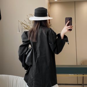 Lapel Button Puff Sleeve All-Cotton Casual Shirt for Women - Versatile Spring Autumn Fashion in European Style