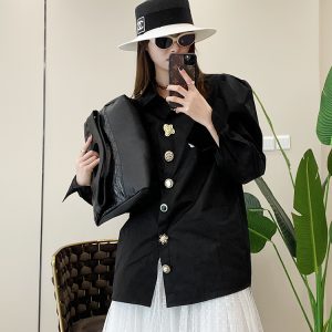 Lapel Button Puff Sleeve All-Cotton Casual Shirt for Women - Versatile Spring Autumn Fashion in European Style