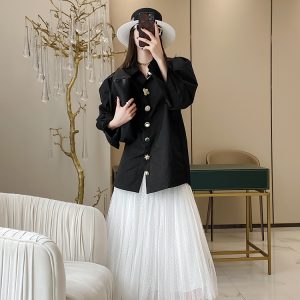 Lapel Button Puff Sleeve All-Cotton Casual Shirt for Women - Versatile Spring Autumn Fashion in European Style