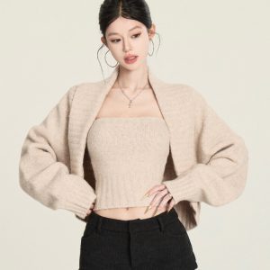 Lapel Shawl Sweater Coat Strapless Women's Winter Knitted Top Loose Vintage Style Blouse for Cozy Layering