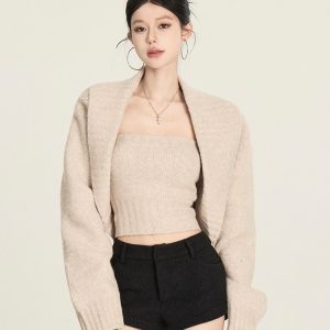 Lapel Shawl Sweater Coat Strapless Women's Winter Knitted Top Loose Vintage Style Blouse for Cozy Layering