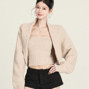 Lapel Shawl Sweater Coat Strapless Women's Winter Knitted Top Loose Vintage Style Blouse for Cozy Layering