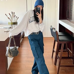 Large Pocket Straight Loose Work Pants for Women - Slimming Pure Cotton Floor-Length Design for Short People