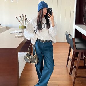 Large Pocket Straight Loose Work Pants for Women - Slimming Pure Cotton Floor-Length Design for Short People
