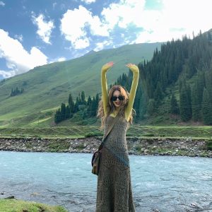 Layered Aesthetic Hollow Knit Dress with Tencel Wool Sweater – 90s Inspired Fashion, Trendy Casual Look