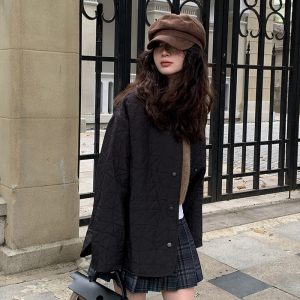 Layered Base Round Neck Short Jacket for Women - Warm Versatile Cotton Coat for Autumn Winter 2022 in Classic Black - Y2K Style