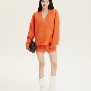 Lazy Style V-Neck Knitted Sweater Set with Shorts - Winter Two-Piece Dopamine Outfit, Y2K Inspired Fashion
