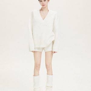 Lazy Style V-Neck Knitted Sweater Set with Shorts - Winter Two-Piece Dopamine Outfit, Y2K Inspired Fashion