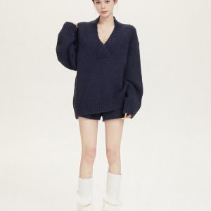 Lazy Style V-Neck Knitted Sweater Set with Shorts - Winter Two-Piece Dopamine Outfit, Y2K Inspired Fashion