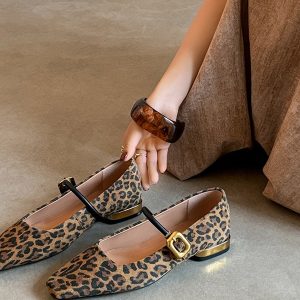 Leopard Print Chunky Heel Mary Jane Shoes - Spring Autumn Shallow Mouth Square Toe Sheepskin Flats for Stylish Comfort