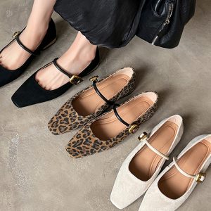 Leopard Print Chunky Heel Mary Jane Shoes - Spring Autumn Shallow Mouth Square Toe Sheepskin Flats for Stylish Comfort