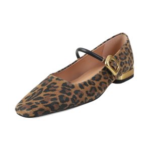 Leopard Print Chunky Heel Mary Jane Shoes - Spring Autumn Shallow Mouth Square Toe Sheepskin Flats for Stylish Comfort