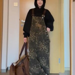Leopard Print Pocket Overalls for Men and Women, Retro American Street Style, Loose Fit Wide-Leg Denim Pants