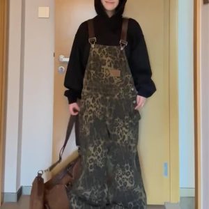 Leopard Print Pocket Overalls for Men and Women, Retro American Street Style, Loose Fit Wide-Leg Denim Pants