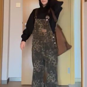 Leopard Print Pocket Overalls for Men and Women, Retro American Street Style, Loose Fit Wide-Leg Denim Pants