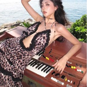 Leopard Print Spliced Lace Dress with Hollow Back - Sexy European and American Style Long Dress for Hot Girls