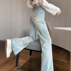 Light Blue Embroidered Dachshund High-Waisted Wide-Leg Jeans for Petite Women, Flattering Loose-Fitting Straight-Leg Floor-Length Pants
