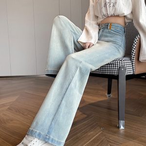 Light Blue Embroidered Dachshund High-Waisted Wide-Leg Jeans for Petite Women, Flattering Loose-Fitting Straight-Leg Floor-Length Pants