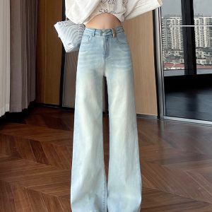 Light Blue Embroidered Dachshund High-Waisted Wide-Leg Jeans for Petite Women, Flattering Loose-Fitting Straight-Leg Floor-Length Pants