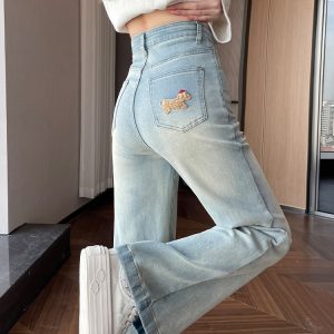 Light Blue Embroidered Dachshund High-Waisted Wide-Leg Jeans for Petite Women, Flattering Loose-Fitting Straight-Leg Floor-Length Pants