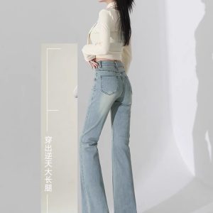 Light Blue High-Waisted Flared Jeans for Women - Slim Fit, Thin Fabric, American Style, Perfect for Spring/Summer, Petite Fit
