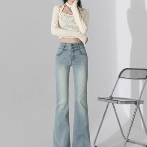 Light Blue High-Waisted Flared Jeans for Women - Slim Fit, Thin Fabric, American Style, Perfect for Spring/Summer, Petite Fit