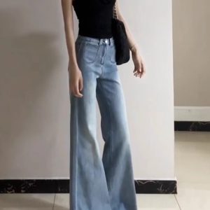 Light Blue High-Waisted Flared Jeans for Women, Slim Fit Versatile Summer Style, Double-Button Straight-Leg Pants