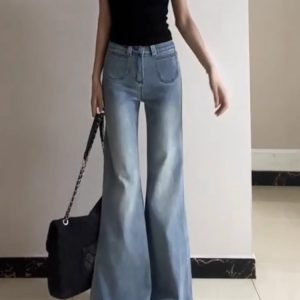 Light Blue High-Waisted Flared Jeans for Women, Slim Fit Versatile Summer Style, Double-Button Straight-Leg Pants