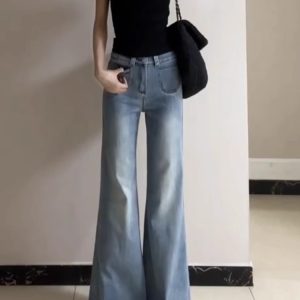 Light Blue High-Waisted Flared Jeans for Women, Slim Fit Versatile Summer Style, Double-Button Straight-Leg Pants