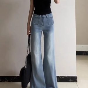 Light Blue High-Waisted Flared Jeans for Women, Slim Fit Versatile Summer Style, Double-Button Straight-Leg Pants