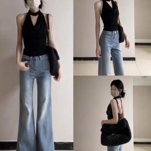 Light Blue High-Waisted Flared Jeans for Women, Slim Fit Versatile Summer Style, Double-Button Straight-Leg Pants