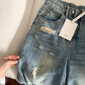 Light Blue High-Waisted Ripped Wide-Leg Jeans for Women - Summer Versatile Loose Slimming Curved Blade Style