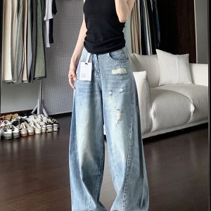 Light Blue High-Waisted Ripped Wide-Leg Jeans for Women - Summer Versatile Loose Slimming Curved Blade Style