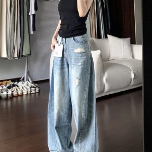 Light Blue High-Waisted Ripped Wide-Leg Jeans for Women - Summer Versatile Loose Slimming Curved Blade Style