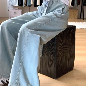 Light Blue High-Waisted Wide-Leg Denim Pants for Women, Summer Curved Knife Cut Loose Fit Trousers