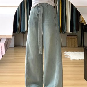 Light Blue High-Waisted Wide-Leg Denim Pants for Women, Summer Curved Knife Cut Loose Fit Trousers