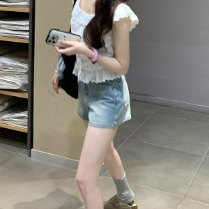 Light Blue High-Waisted Wide-Leg Denim Shorts for Women, Summer Style, Washed Loose Fit, Slimming Versatile Hot Pants