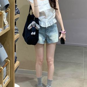 Light Blue High-Waisted Wide-Leg Denim Shorts for Women, Summer Style, Washed Loose Fit, Slimming Versatile Hot Pants