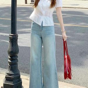 Light Blue High-Waisted Wide-Leg Flared Jeans for Women - Summer Slim Fit Non-Skinny Straight Pants, Trendy Casual Style