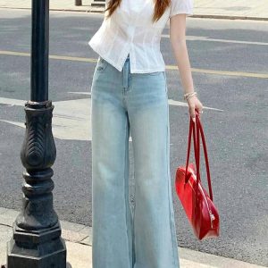 Light Blue High-Waisted Wide-Leg Flared Jeans for Women - Summer Slim Fit Non-Skinny Straight Pants, Trendy Casual Style