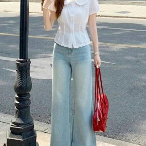 Light Blue High-Waisted Wide-Leg Flared Jeans for Women - Summer Slim Fit Non-Skinny Straight Pants, Trendy Casual Style