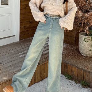 Light Blue High-Waisted Wide-Leg Jeans for Women - American Style Loose Fleece-Lined Straight-Leg Floor-Length Pants, Autumn/Winter 2024
