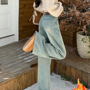 Light Blue High-Waisted Wide-Leg Jeans for Women - American Style Loose Fleece-Lined Straight-Leg Floor-Length Pants, Autumn/Winter 2024