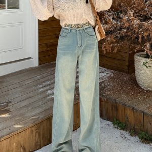 Light Blue High-Waisted Wide-Leg Jeans for Women - American Style Loose Fleece-Lined Straight-Leg Floor-Length Pants, Autumn/Winter 2024