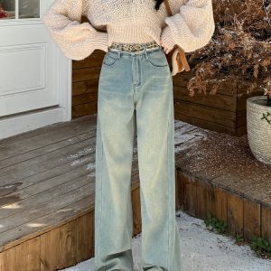 Light Blue High-Waisted Wide-Leg Jeans for Women - American Style Loose Fleece-Lined Straight-Leg Floor-Length Pants, Autumn/Winter 2024